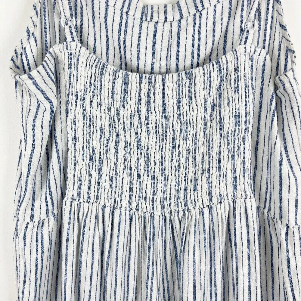 Old Navy Linen Cropped Jumpsuit Smocked Back Blue Stripe Boho Lagenlook - Picture 8 of 16